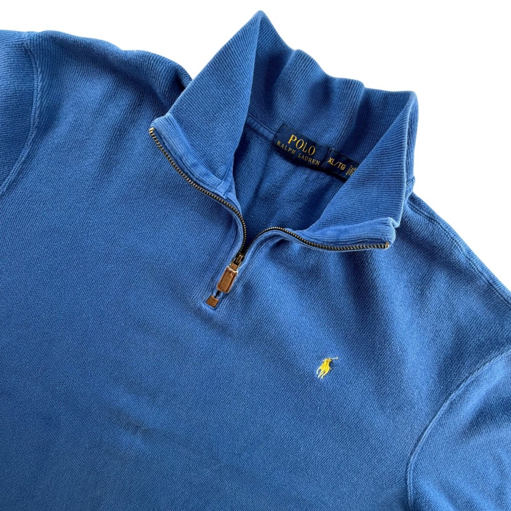 Polo Ralph Lauren Pullover Mens XL Blue Quarter Zip Ribbed Knit Yellow Pony